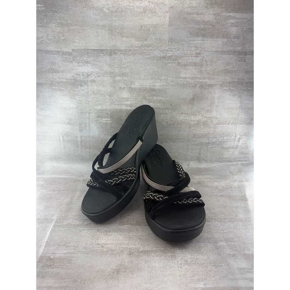 Skechers Luxe Foam Black Rhinestone Braided Wedge Sandals 119302 Women Size 9
